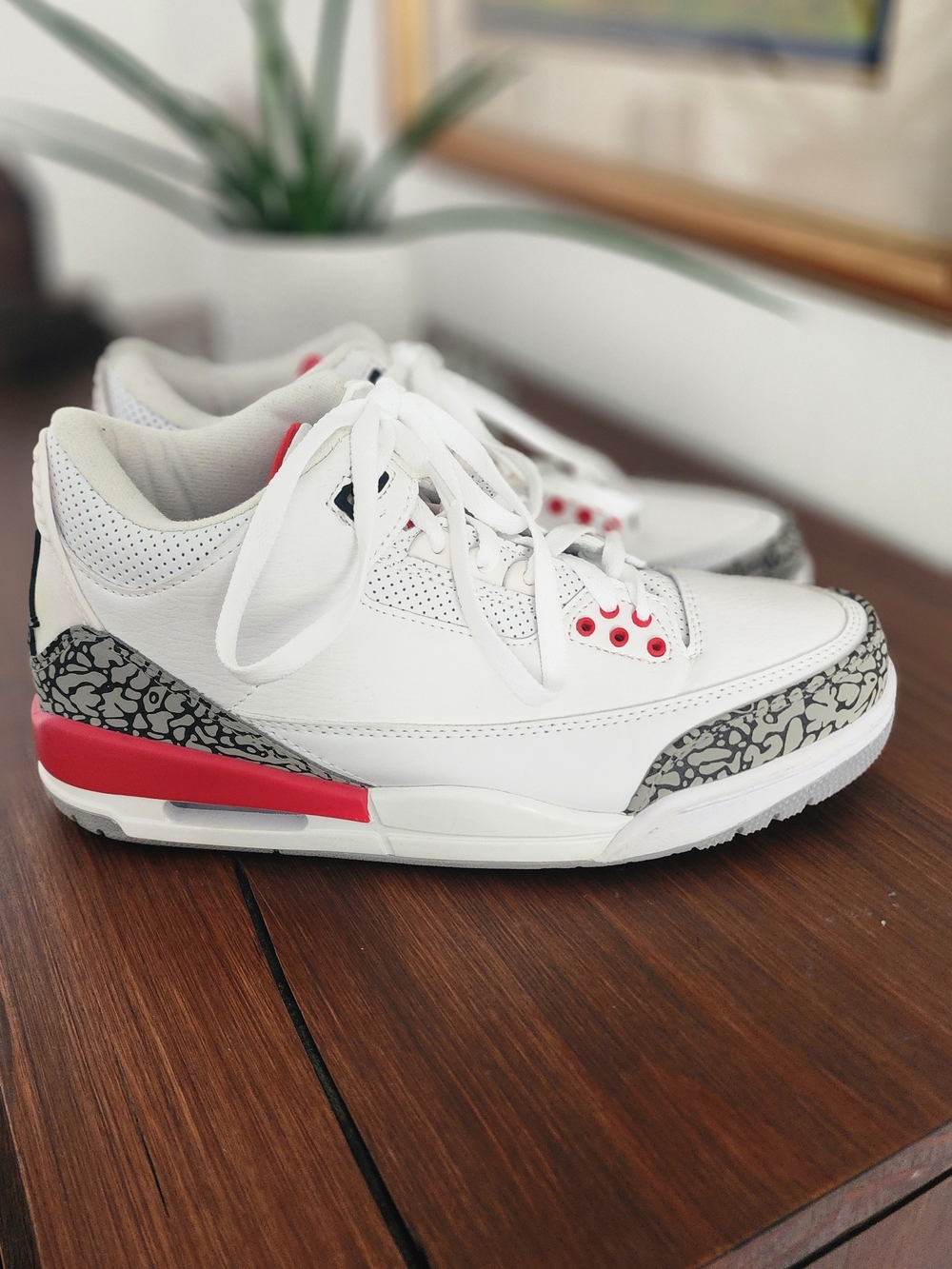 Men's White Sneakers with Red Accents and Gray Print